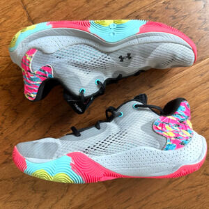 Under Armour Spawn Basketball Shoe Gray/Multicolor Size Men 7.5, Women 9 EUC